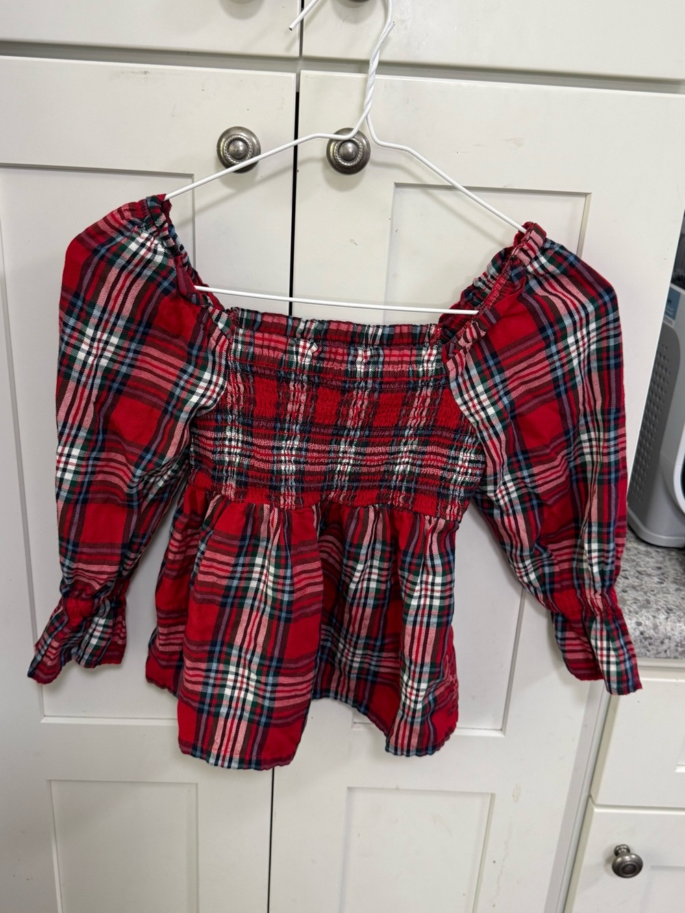 crown & ivy Red Plaid Off-Shoulder Smocked Blouse
